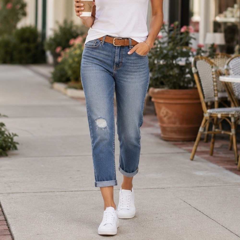LOFT Outlet Modern Cuffed Crop Jeans Women's‎ 16 Distressed Denim Blue Weekend